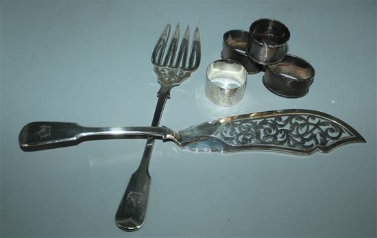 Pair Victorian silver fish servers, pair silver napkin rings and 2 other silver napkin rings
